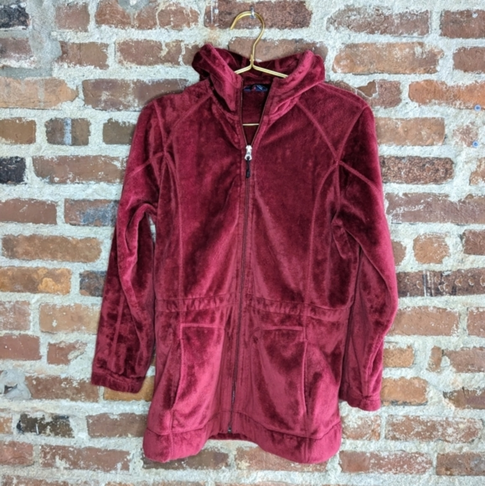 Lands' End Small‎ Red Cozy Hooded Full Zip Sweater w/ Cinch Waist